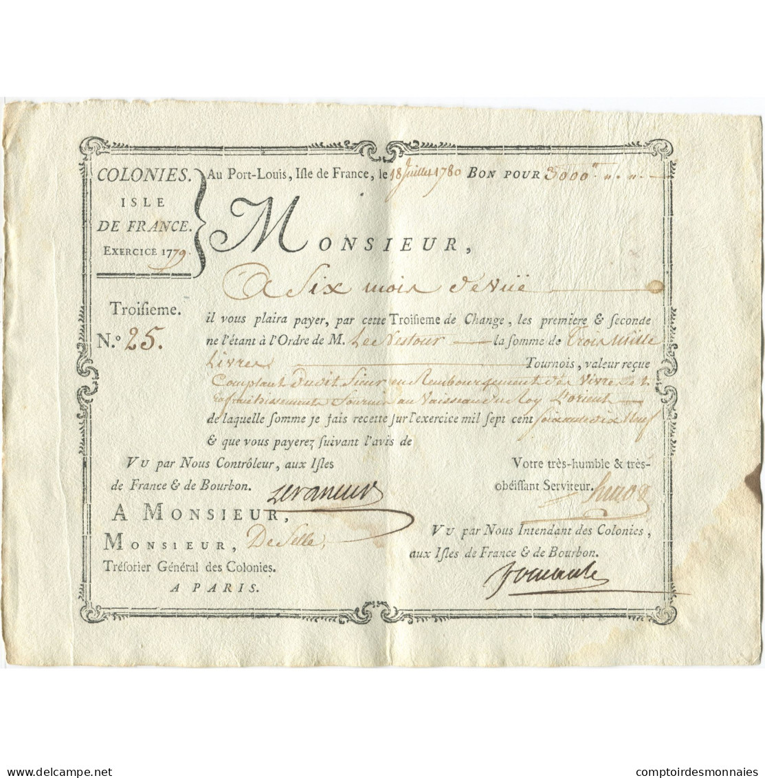 France, Traite, Colonies, Isle De France, 3000 Livres, L'Orient, 1780, TTB+ - ...-1889 Anciens Francs Circulés Au XIXème