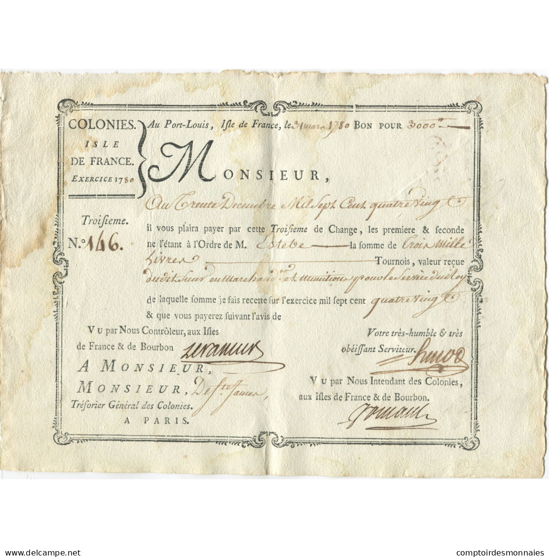 France, Traite, Colonies, Isle De France, 3000 Livres, 1780, TTB - ...-1889 Francos Ancianos Circulantes Durante XIXesimo