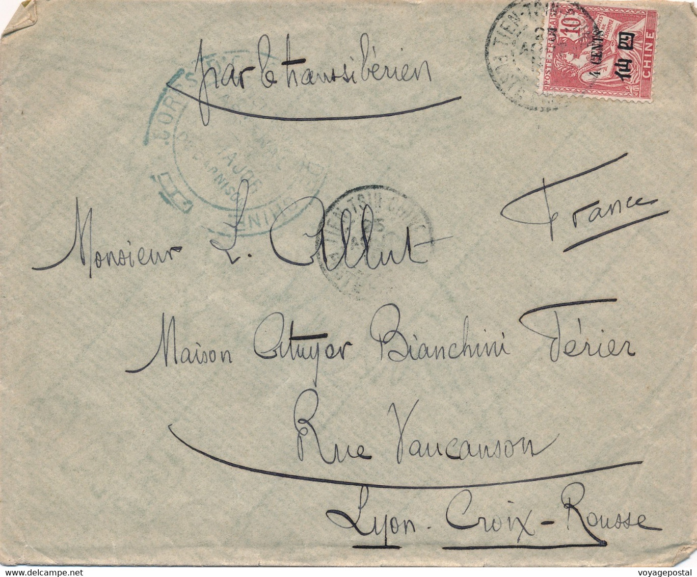 LETTRE CHINE TIENTSIN MOUCHON 10C PAR LE TRANSSIBERIEN  CORPS D'OCCUPATION COVER CHINA - Brieven En Documenten