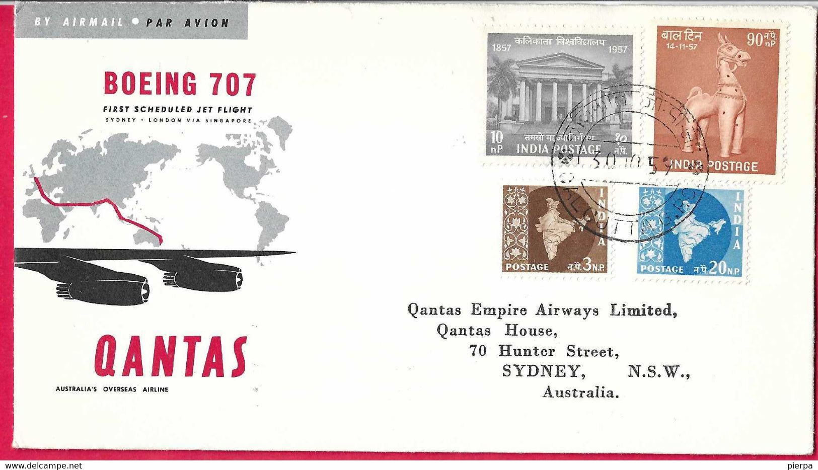 AUSTRALIA - FIRST JET FLIGHT QANTAS ON B.707 FROM CALCUTTA TO SYDNEY *30.10.1959 *ON OFFICIAL ENVELOPE - First Flight Covers