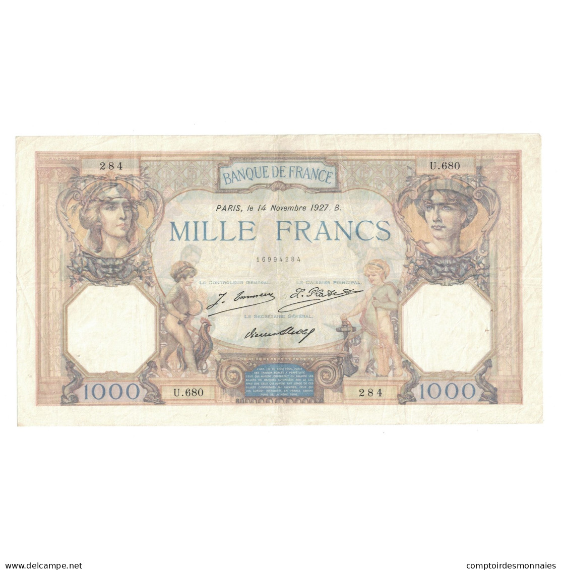 France, 1000 Francs, Bleu Et Rose, 1927, U.680, TTB, Fayette:37.1, KM:79a - 1 000 F 1889-1926 ''Bleu Et Rose''