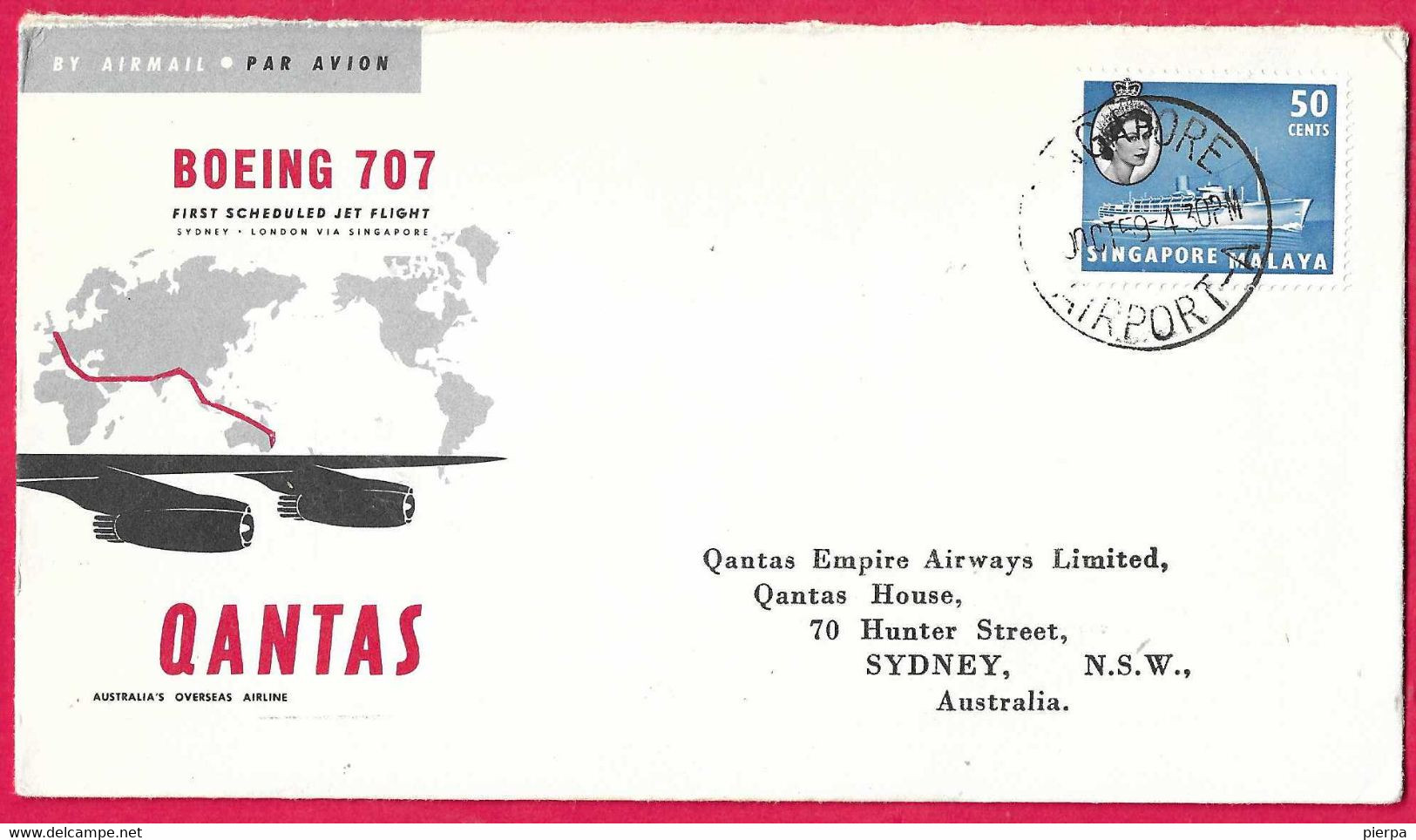 AUSTRALIA - FIRST JET FLIGHT QANTAS ON B.707 FROM SINGAPORE TO SYDNEY *30.10.1959 *ON OFFICIAL ENVELOPE - Eerste Vluchten