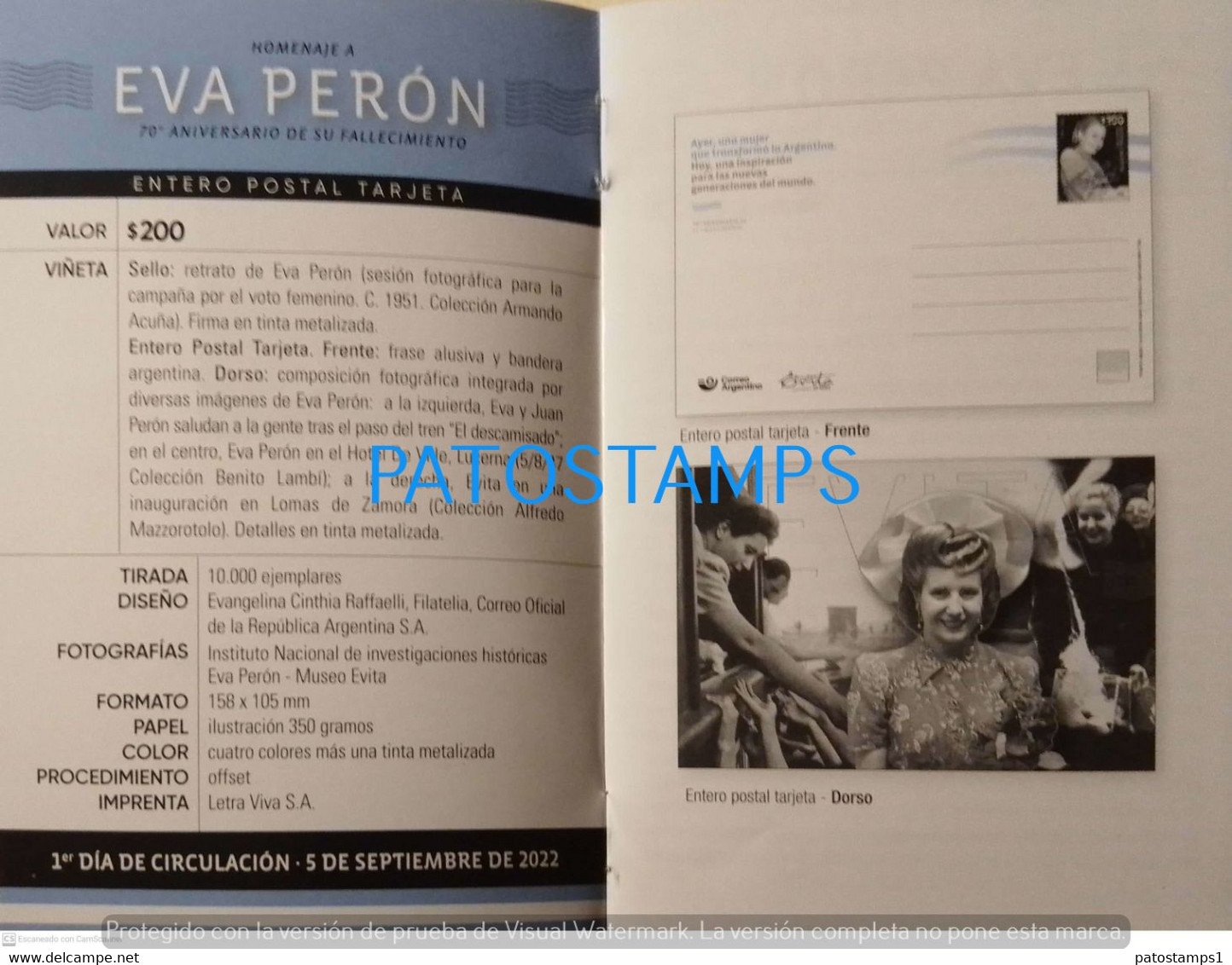 198309 ARGENTINA PERONISMO EVA PERON EVITA 70º ANIVERSARIO DE FALLECIMIENTO CORREO ARGENTINO LIBRILLO NO POSTCARD - Menus