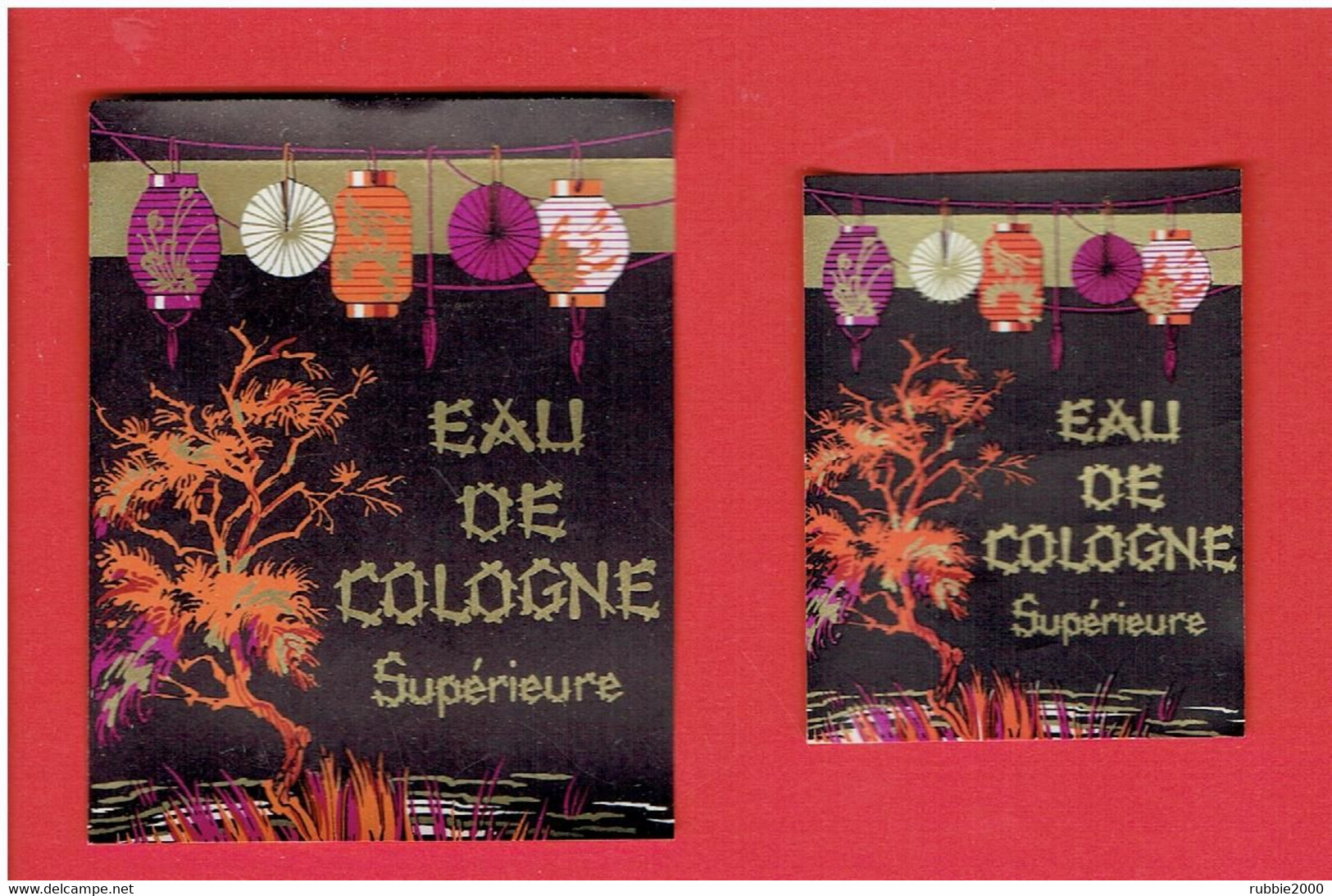 2 ETIQUETTES EAU DE COLOGNE SUPERIEURE VERS 1920 DECOR ASIATIQUE - Etiquetas