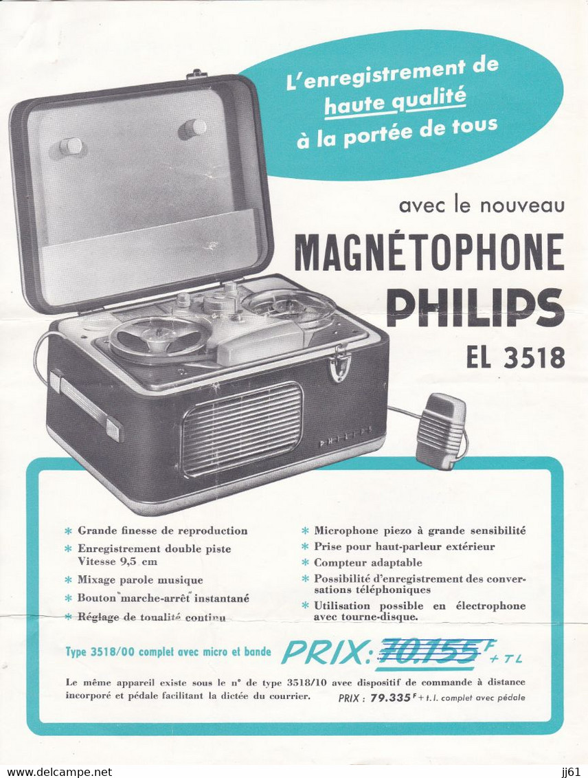 NEUILLY SEINE ETS PHILIPS LETTRE TARIF ET PUBLICITER DU NOUVEAU MAGNETOPHONE EL 3518 ANNEE 1958 - Suisse