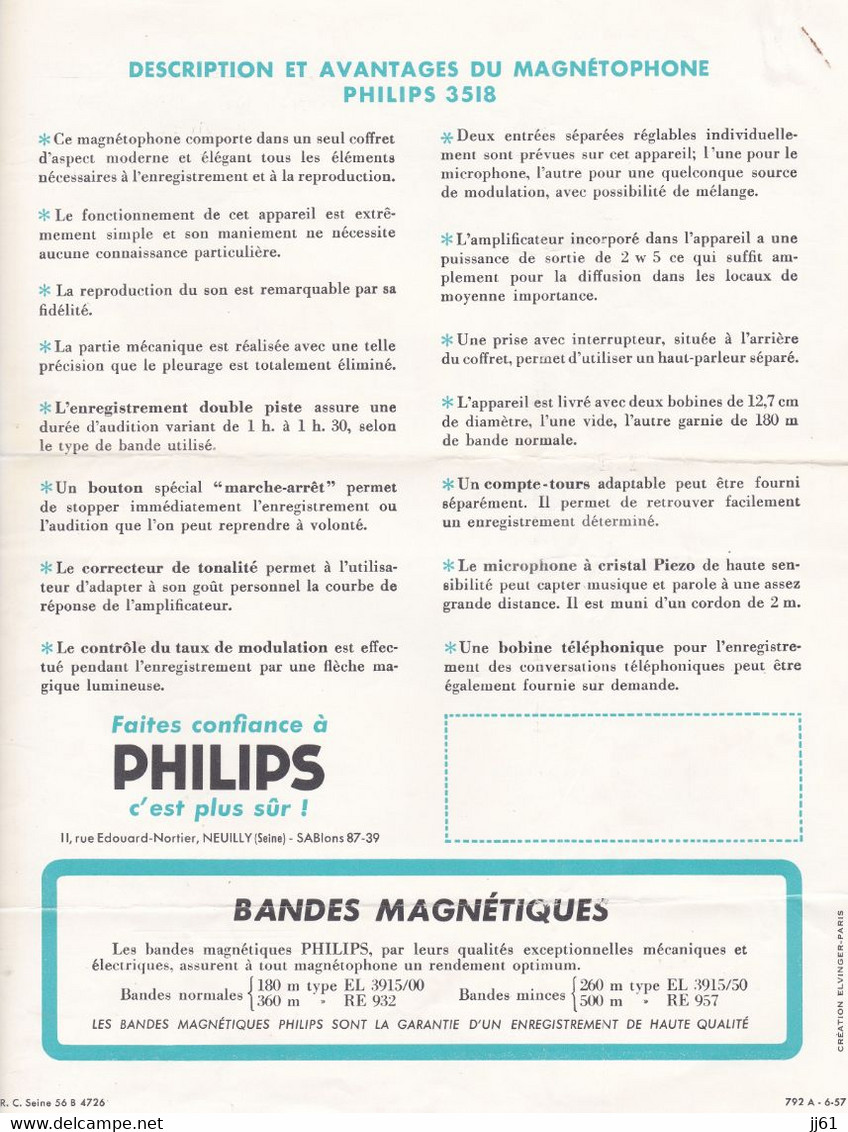 NEUILLY SEINE ETS PHILIPS LETTRE TARIF ET PUBLICITER DU NOUVEAU MAGNETOPHONE EL 3518 ANNEE 1958 - Suisse