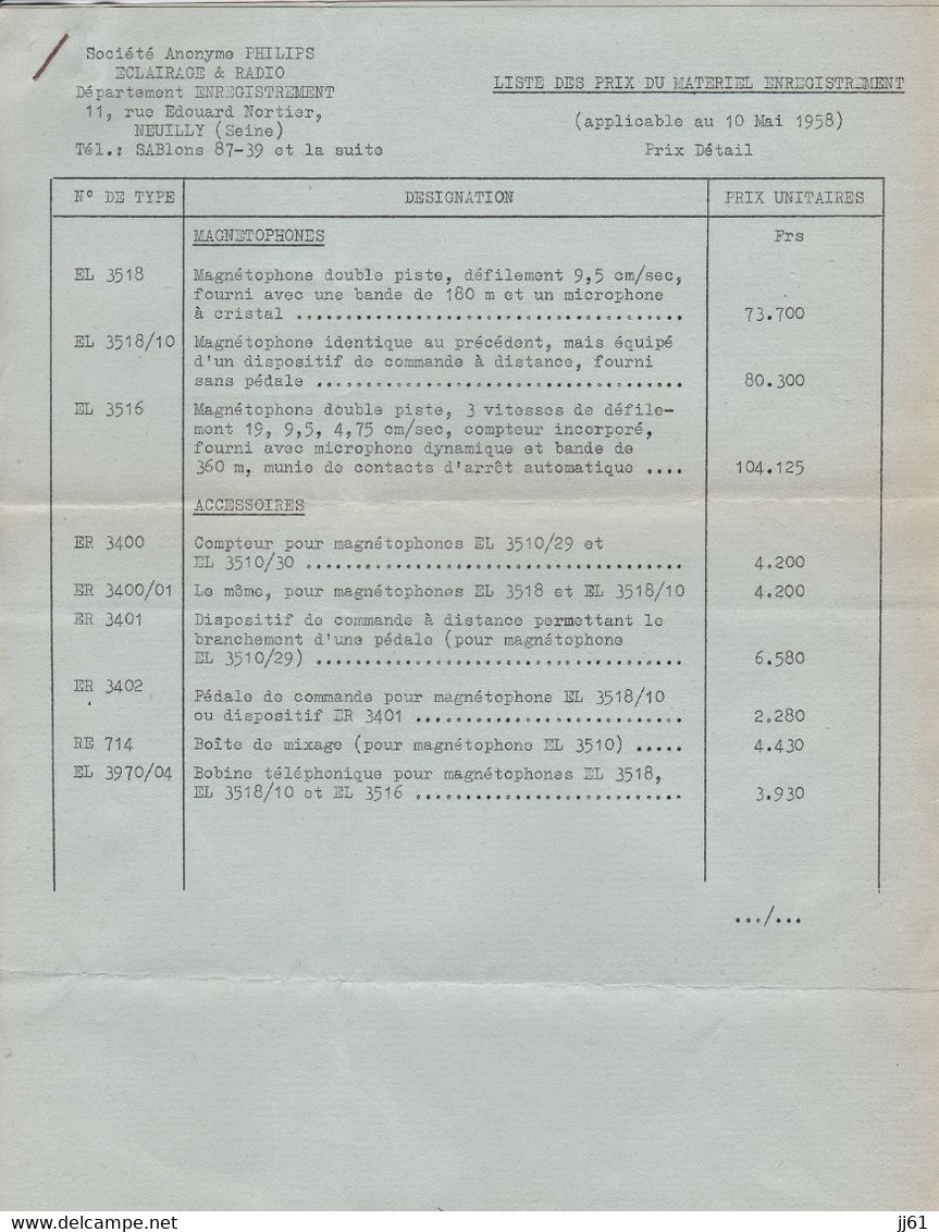 NEUILLY SEINE ETS PHILIPS LETTRE TARIF ET PUBLICITER DU NOUVEAU MAGNETOPHONE EL 3518 ANNEE 1958 - Suisse