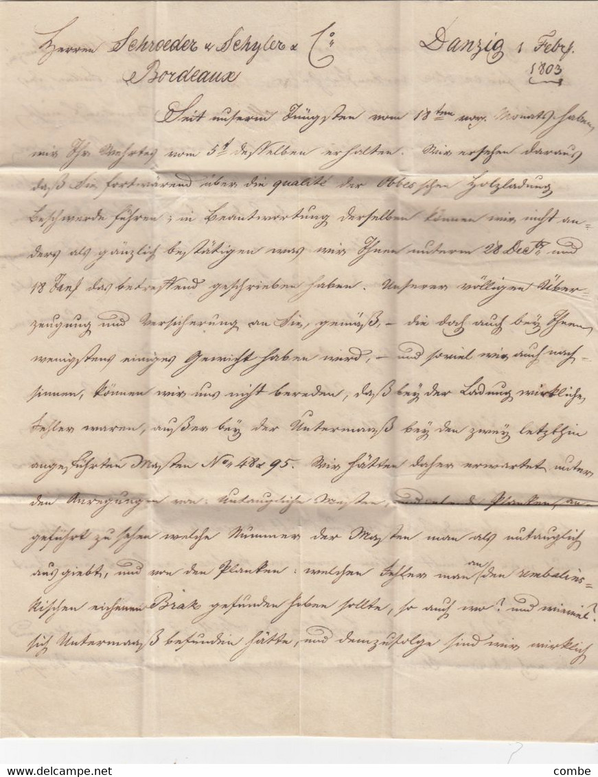 LETTRE. FE 1803. DANZIG POUR BORDEAUX. PAR WEZEL 34 Sols - 1794-1814 (Période Française)