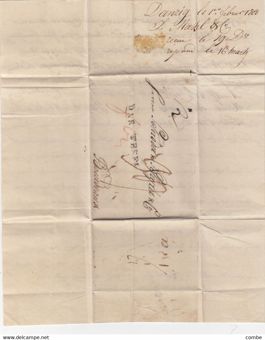 LETTRE. FE 1803. DANZIG POUR BORDEAUX. PAR WEZEL 34 Sols - 1794-1814 (Période Française)