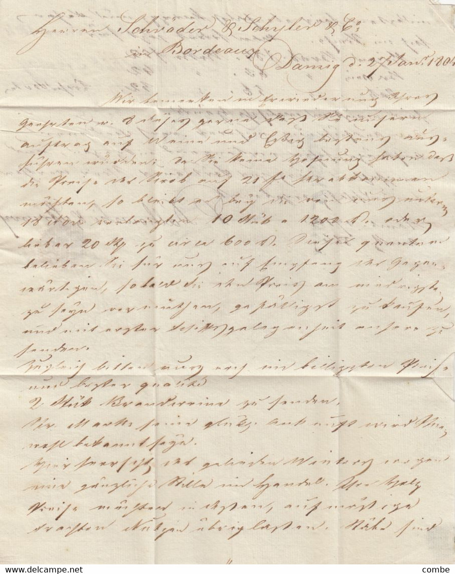 LETTRE. JANV 1804. DALKOROSKI DANZIG POUR SCHRODER BORDEAUX. PAR WEZEL TAXE 17 Sols - 1794-1814 (Période Française)