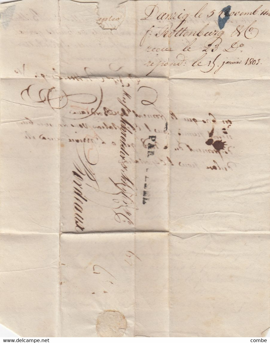 LETTRE. 5 NOV 1802. ROTTENBURG DANZIG POUR SCHRODER BORDEAUX. PAR WEZEL TAXE 33 Sols - 1794-1814 (Période Française)