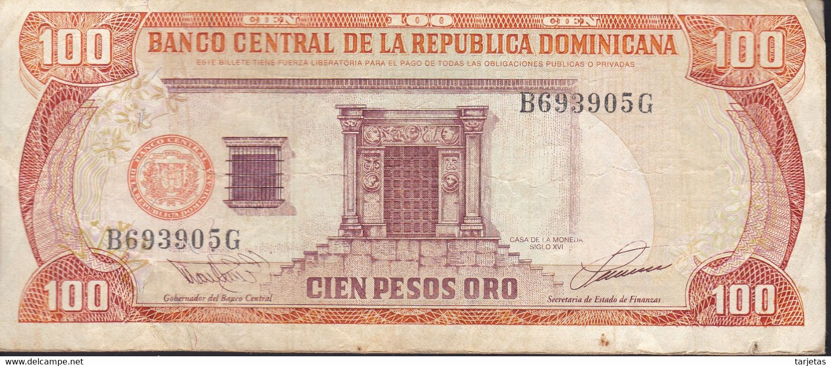 BILLETE DE REP. DOMINICANA DE 100 PESOS ORO DEL AÑO 1993 SERIE B (BANKNOTE) - Dominikanische Rep.