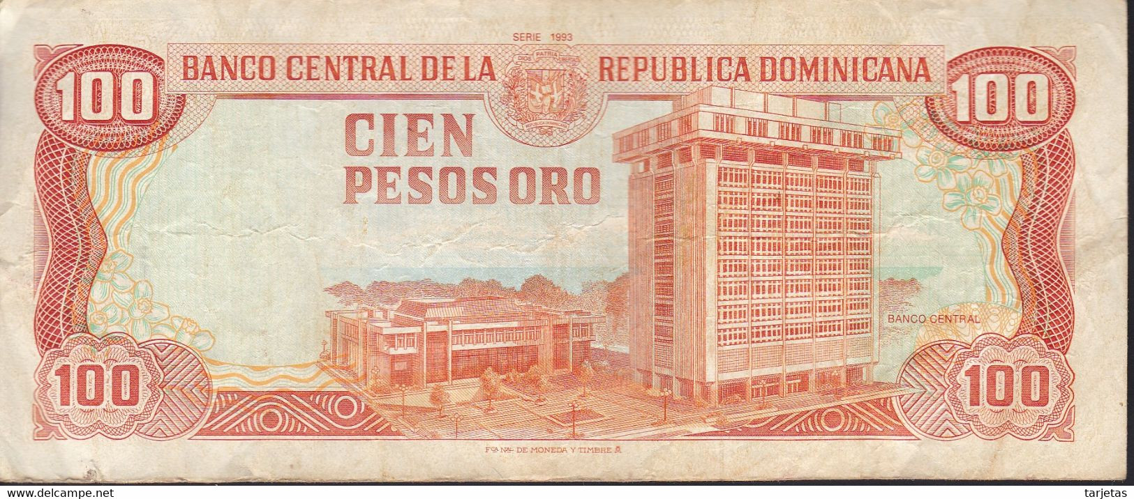 BILLETE DE REP. DOMINICANA DE 100 PESOS ORO DEL AÑO 1993 SERIE B (BANKNOTE) - Dominicana