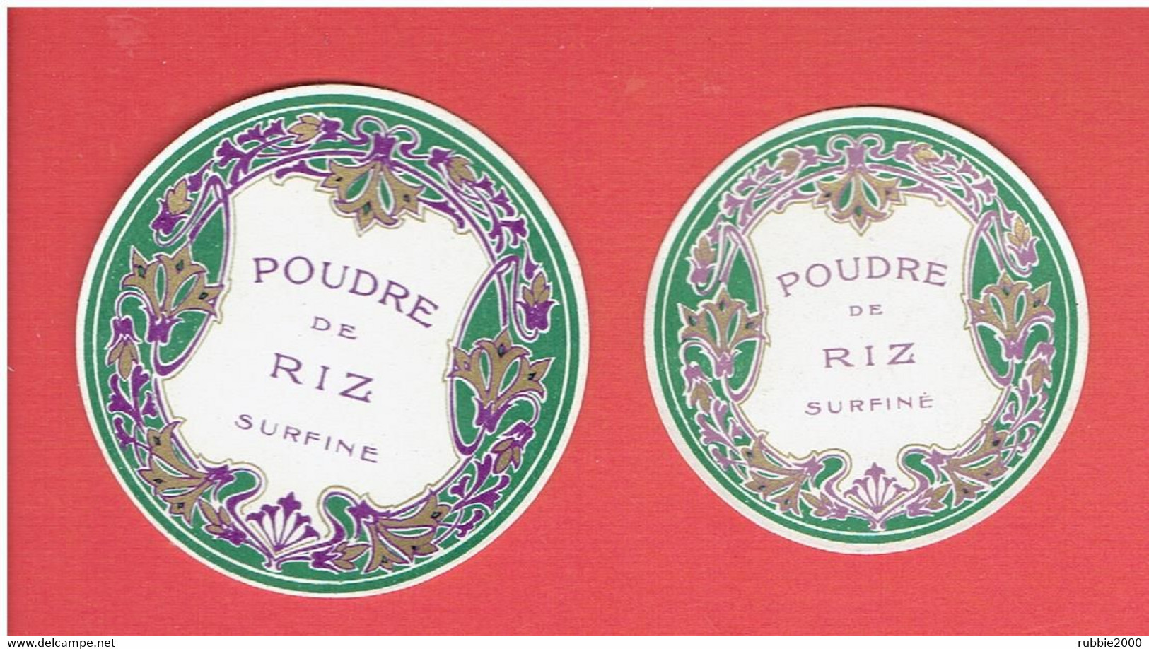 2 ETIQUETTES ANCIENNES POUR BOITE DE POUDRE DE RIZ SURFINE - Etiquettes