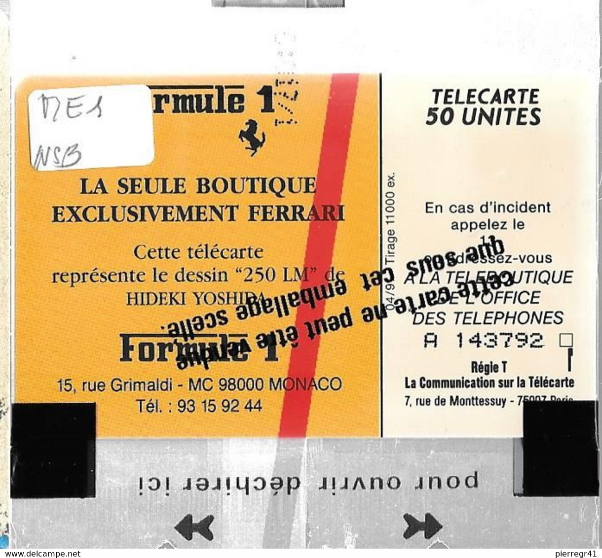 CARTE-PUBLIC-MONACO-ME 1-SO3-04/91-FORMULE 1-BOUTIQUE FERRARI-V° N° A  143792-NSB-LUXE - Monace