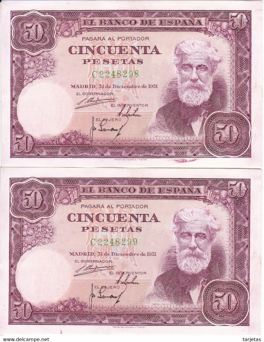 PAREJA CORRELATIVA DE 50 PESETAS DEL AÑO 1951 DE ROSIÑOL SERIE C SIN CIRCULAR (SC) - 50 Pesetas