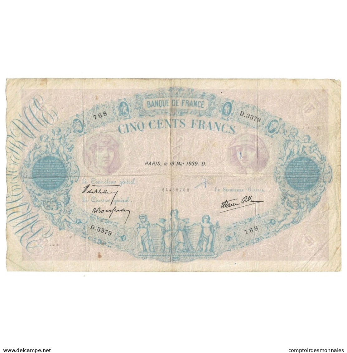 France, 500 Francs, Bleu Et Rose, 1939, D.3379 768, TB, Fayette:31.32, KM:88c - 500 F 1888-1940 ''Bleu Et Rose''