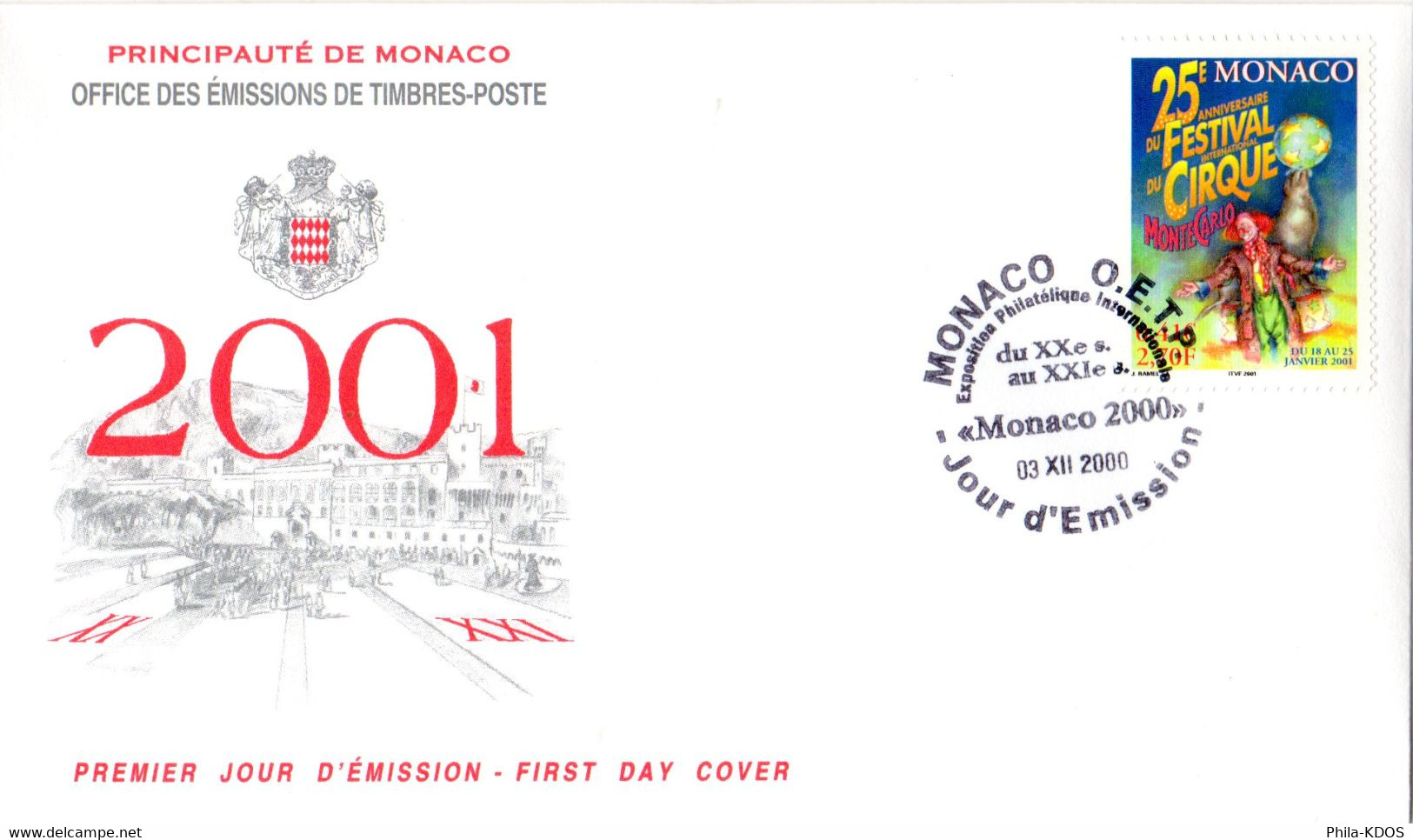 " 25 éme FESTIVAL DU CIRQUE MONTE- CARLO " Sur Enveloppe 1er Jour De MONACO De 2001 N°YT 2286 FDC - Cirque