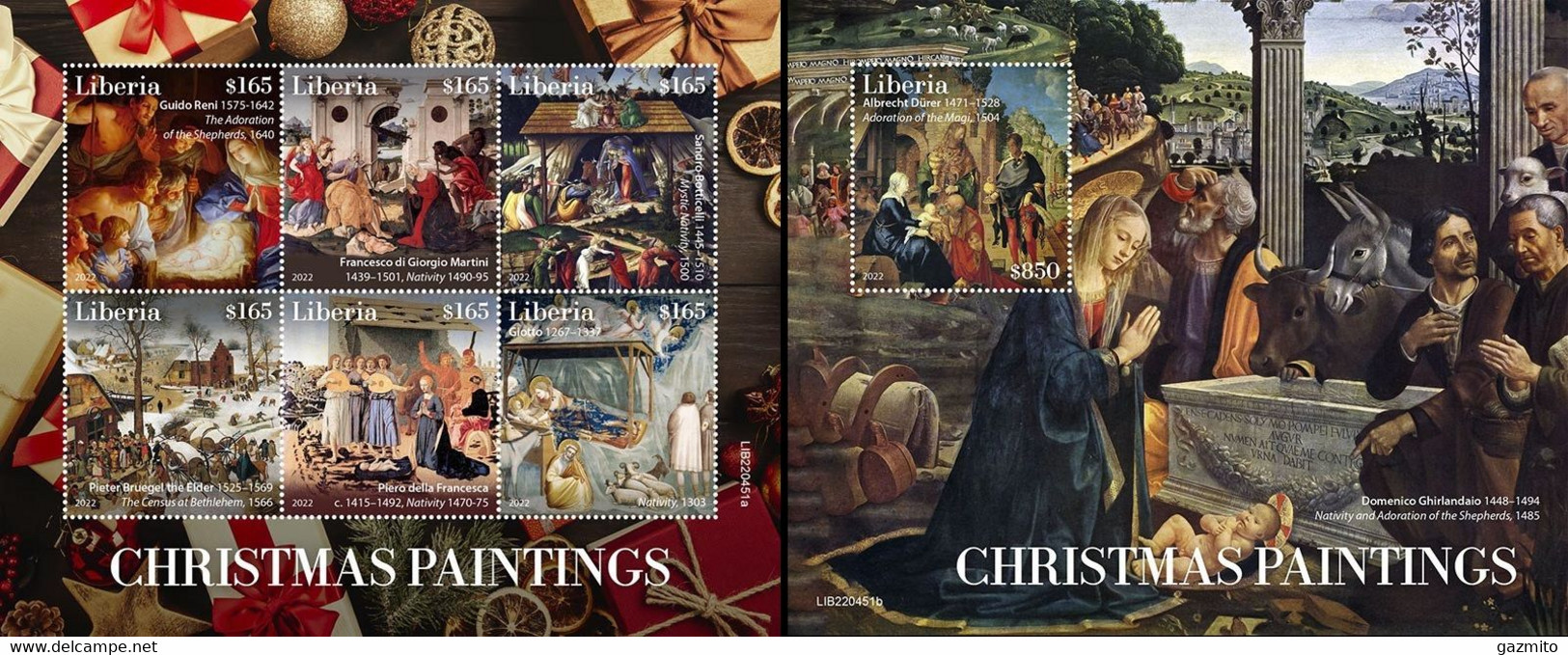 Liberia 2022, Christmas, Painting, Botticelli, Reni, Giotto, 6val In BF+BF - Tableaux