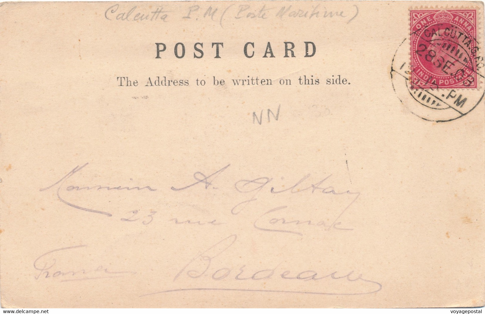 CARTE INDE CALCUTTA GPO PM POSTE MARITIME BORDEAUX COVER CARD INDIA - 1902-11 Koning Edward VII