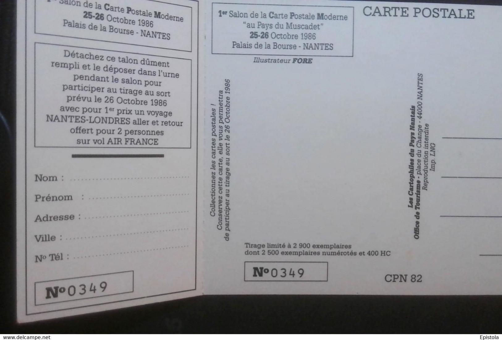 ►  1er SALON De La CARTE POSTALE 1986 - NANTES   (Tirage Limité) Illustrateur Et Jeux Air France - Léger Pli En Coin - Bourses & Salons De Collections