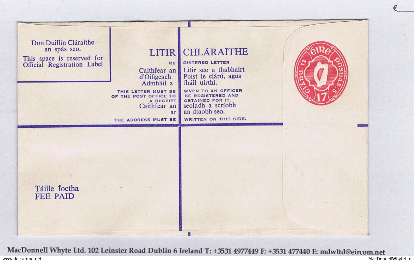 Ireland Postal Stationery 1973 17p Registered Envelope Size G Fee 10p/£5.44 Mint. Jung EU12a - Entiers Postaux