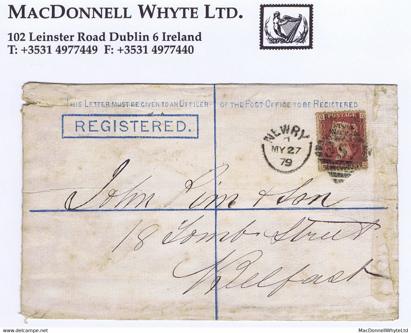 Ireland Registration Down 1879 QV 2d Blue Reg. Env. To Belfast With 1d Red Tied NEWRY/357 Duplex For MY 27, Faults - Interi Postali