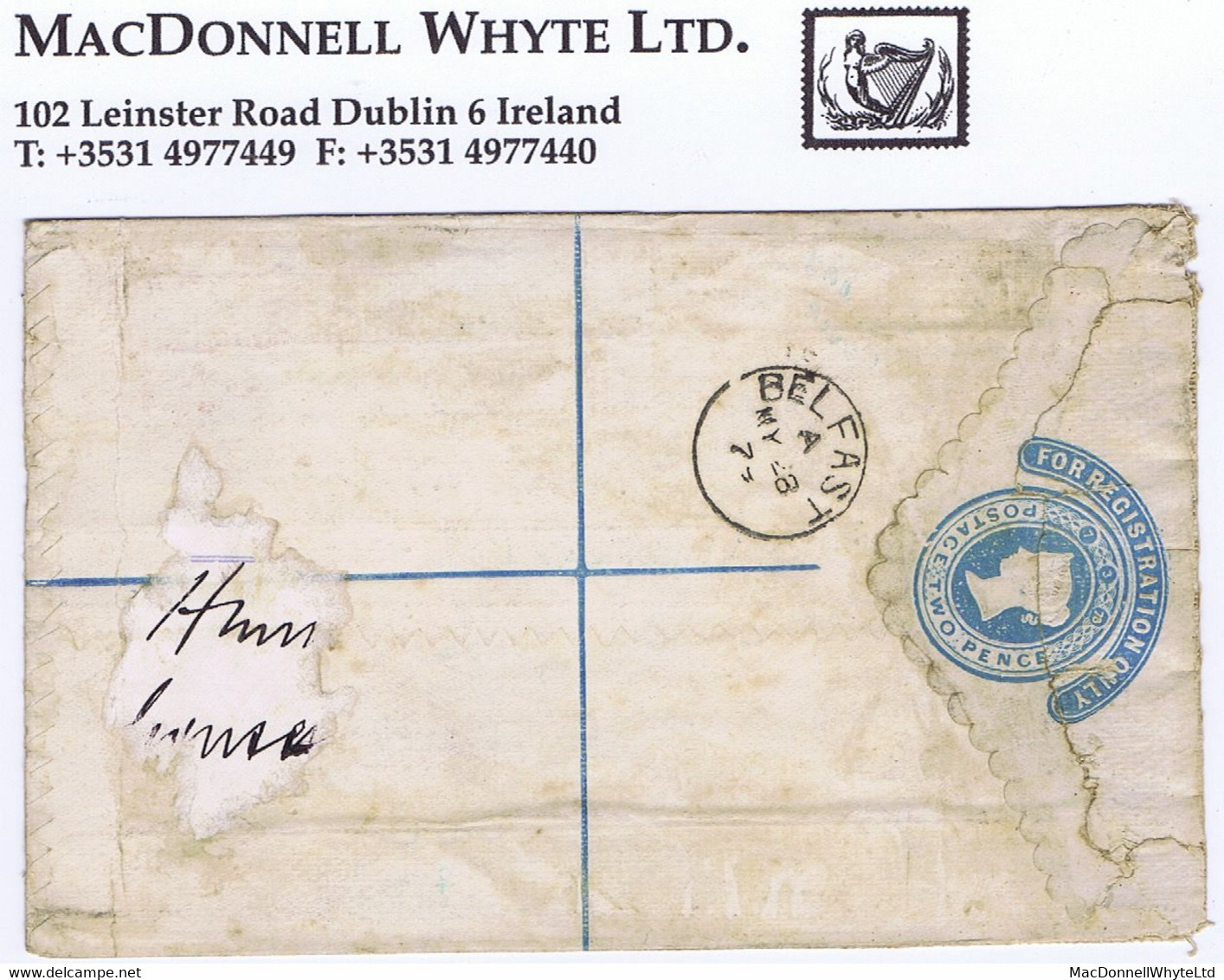 Ireland Registration Down 1879 QV 2d Blue Reg. Env. To Belfast With 1d Red Tied NEWRY/357 Duplex For MY 27, Faults - Enteros Postales