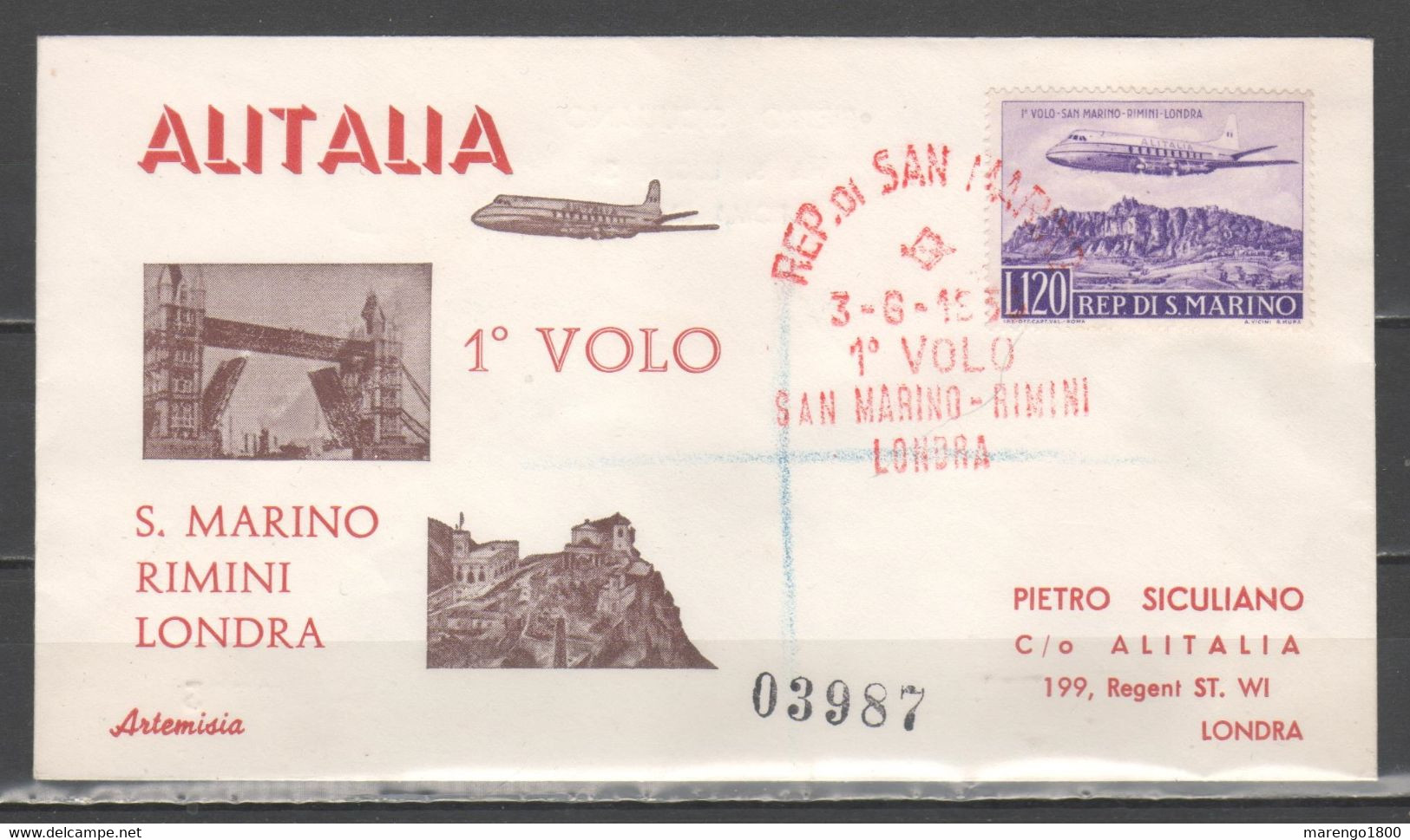 San Marino 1959 - Primo Volo Rimini-Londra FDC          (g9006) - Brieven En Documenten