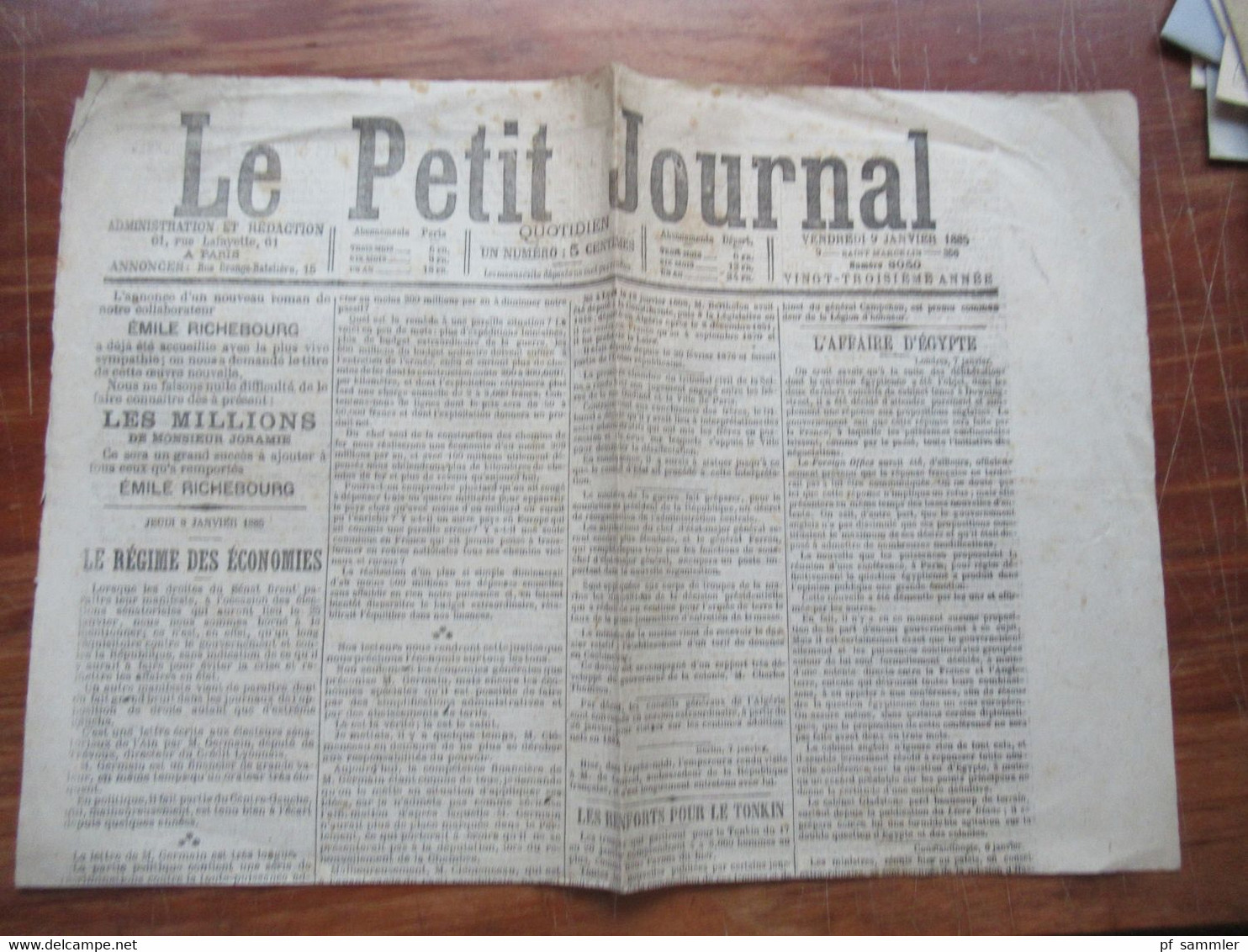 Frankreich 9.1.1885 Paris Zeitung Le Petit Journal 61 Rue Lafayette A Paris / L'Affaire D'Egypte - 1850 - 1899