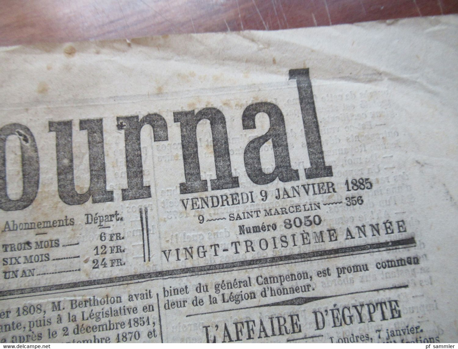 Frankreich 9.1.1885 Paris Zeitung Le Petit Journal 61 Rue Lafayette A Paris / L'Affaire D'Egypte - 1850 - 1899