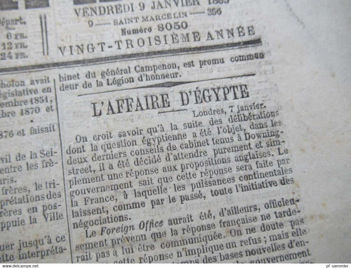 Frankreich 9.1.1885 Paris Zeitung Le Petit Journal 61 Rue Lafayette A Paris / L'Affaire D'Egypte