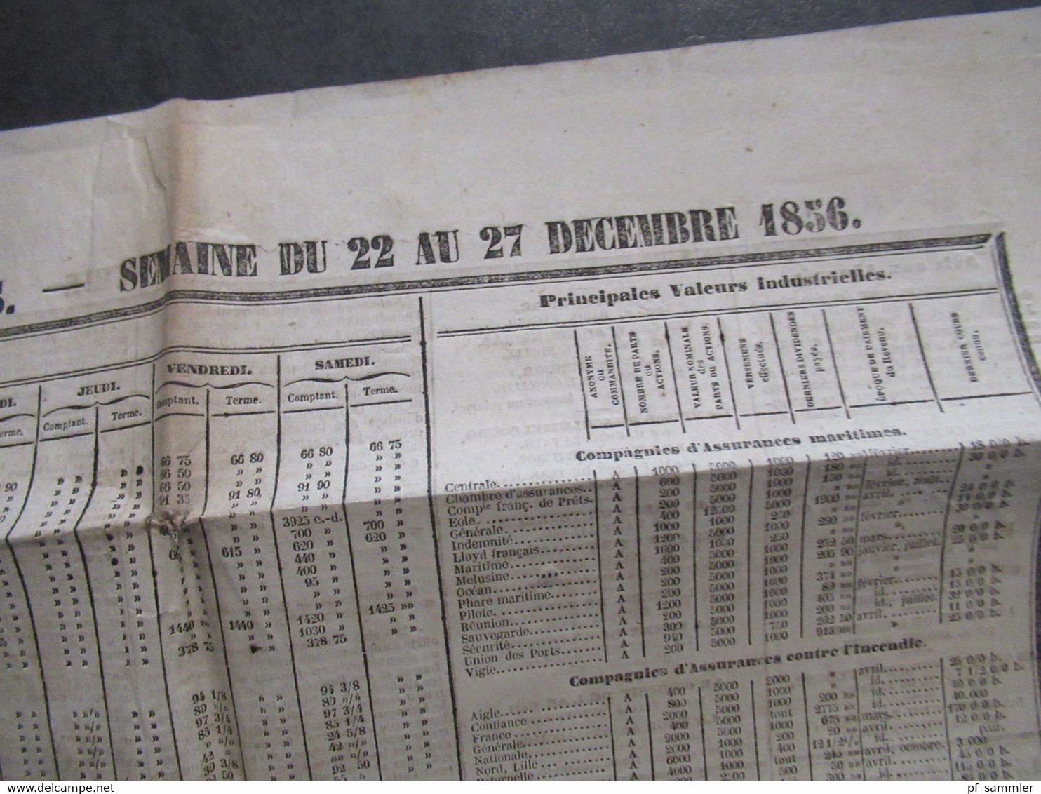 Frankreich Paris Semaine 22 Au 27.12.1858 Börsennachrichten Börsenkurse / Bourse De Paris - 1850 - 1899