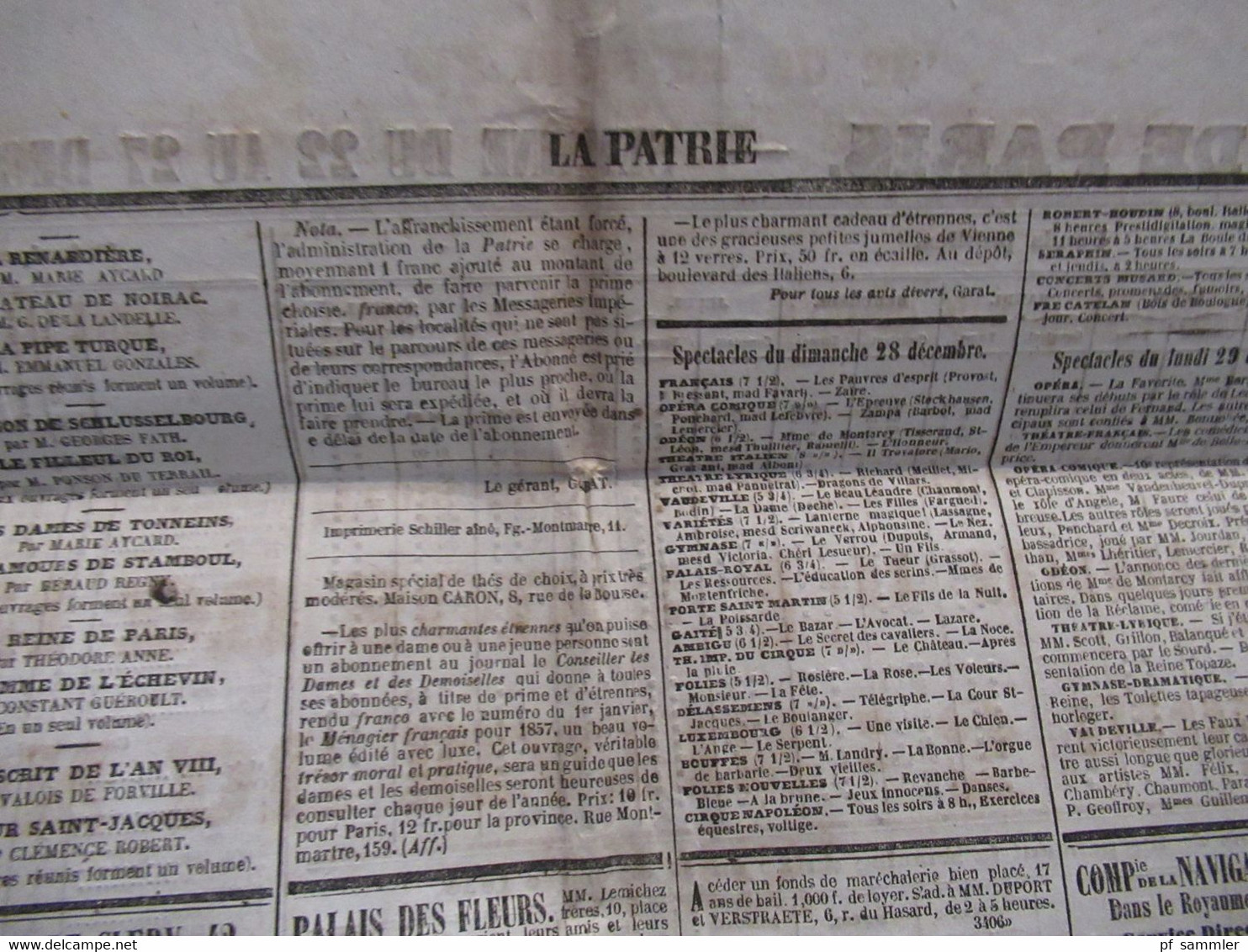 Frankreich Paris Semaine 22 au 27.12.1858 Börsennachrichten Börsenkurse / Bourse De Paris