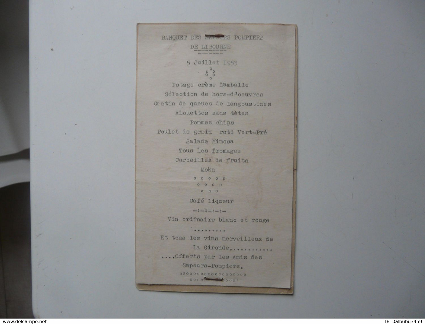 VIEUX PAPIERS - MENU : Banquet Des POMPIERS De LIBOURNE 1953 - Menus