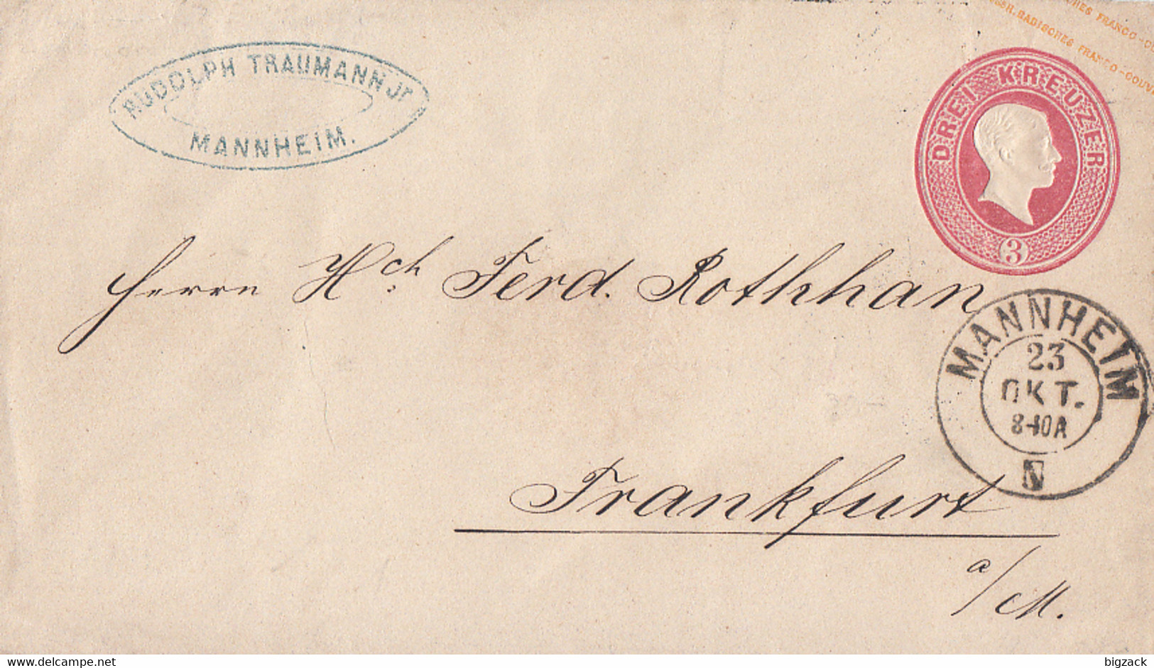 Baden GS-Umschlag 3 Kr. K2 Mannheim 23.10. Gel. Nach K1 Frankfurt - Postal  Stationery