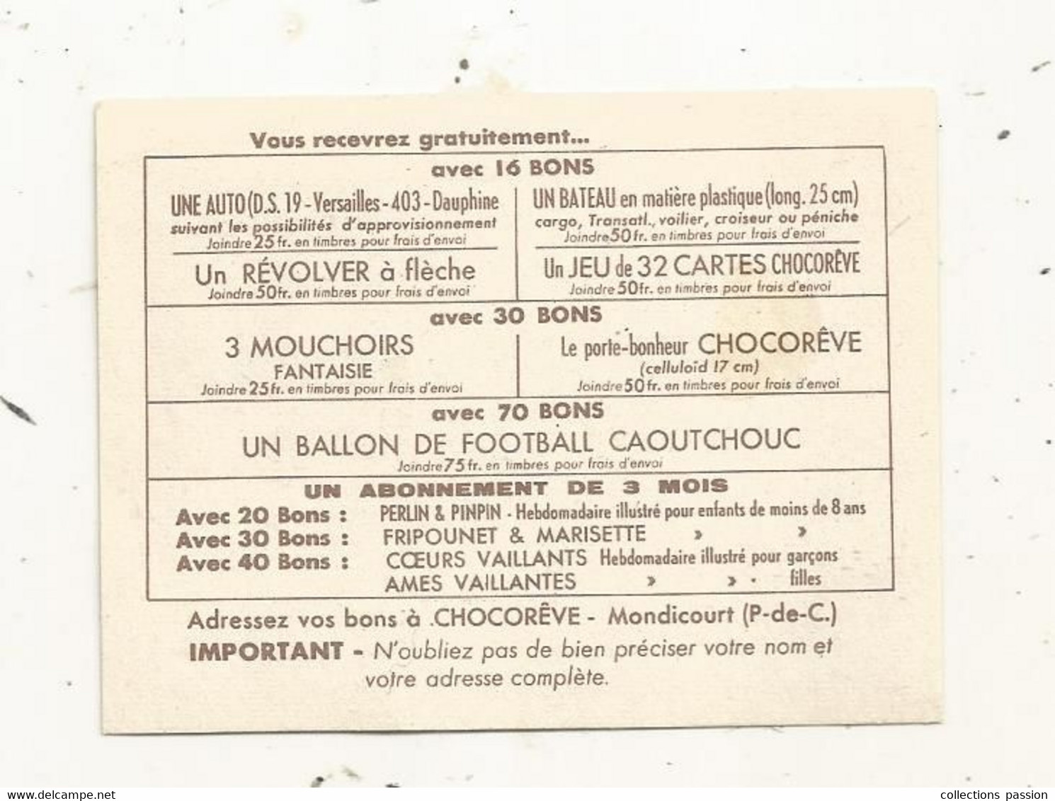 BON 1959,  CHOCOREVE,  Mondicourt ,Pas De Calais, 2 Scans - Ohne Zuordnung