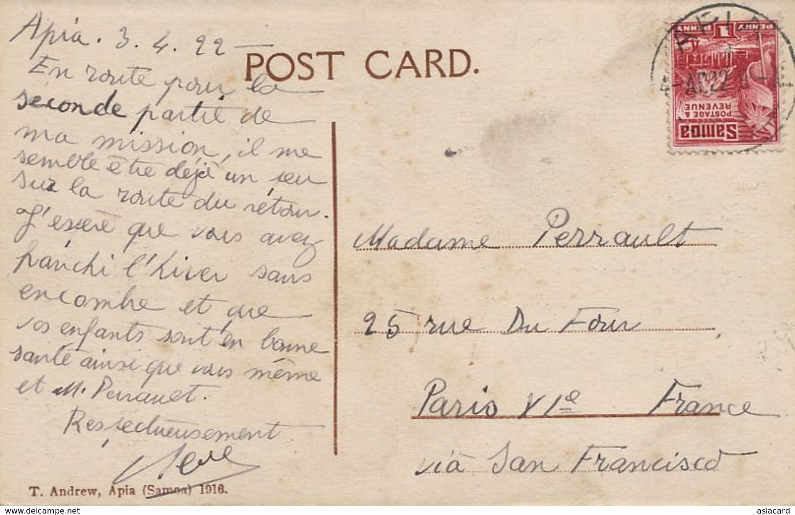 Mantauta Savali Postally Used Apia 1922 Edit T. Andrew Stamp - Samoa