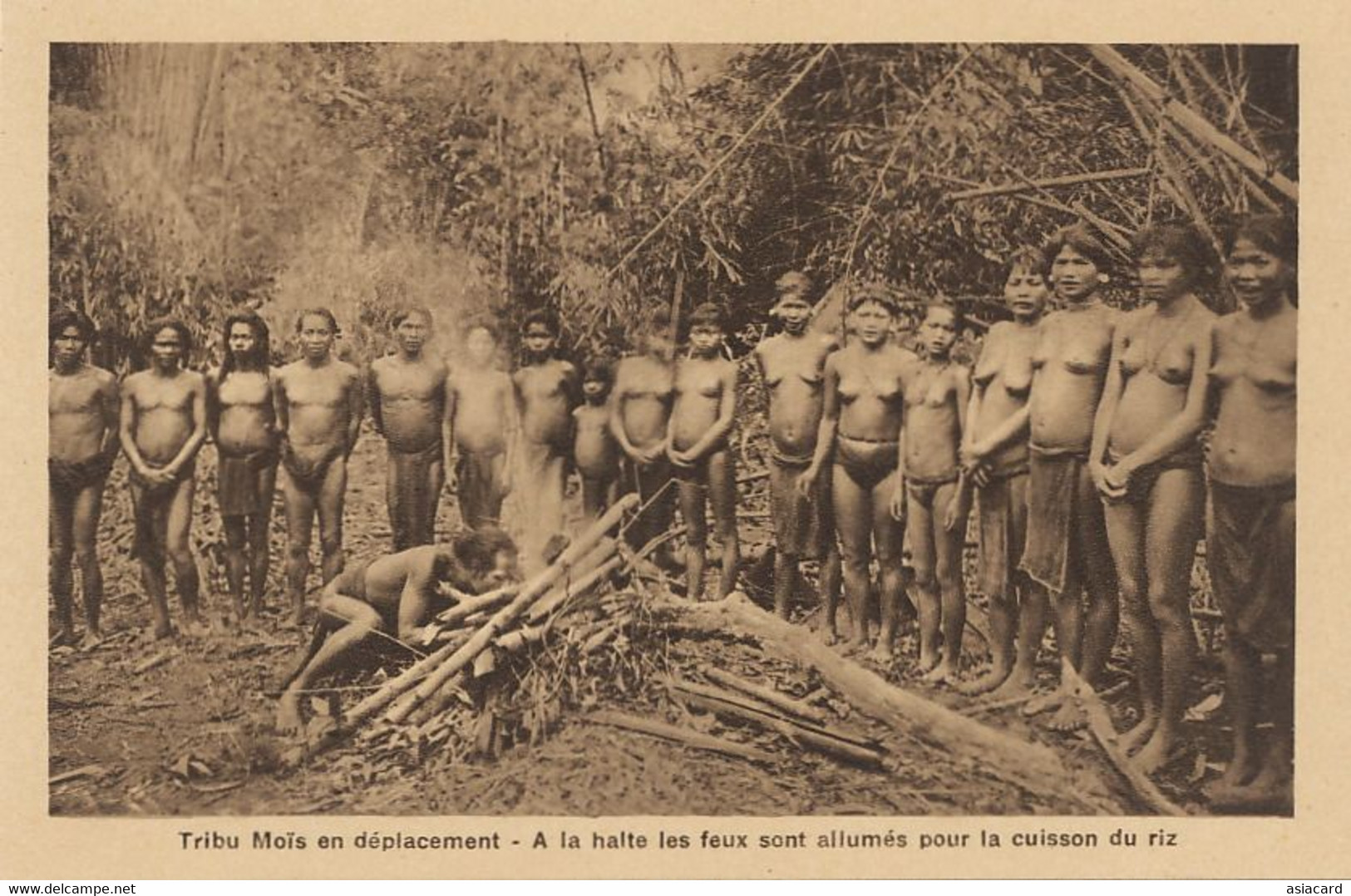 Ethnic Moi Tribe Nude Women And Men Preparing Rice . Exhibition Of Natives As Animals French Style Colonists - Azië