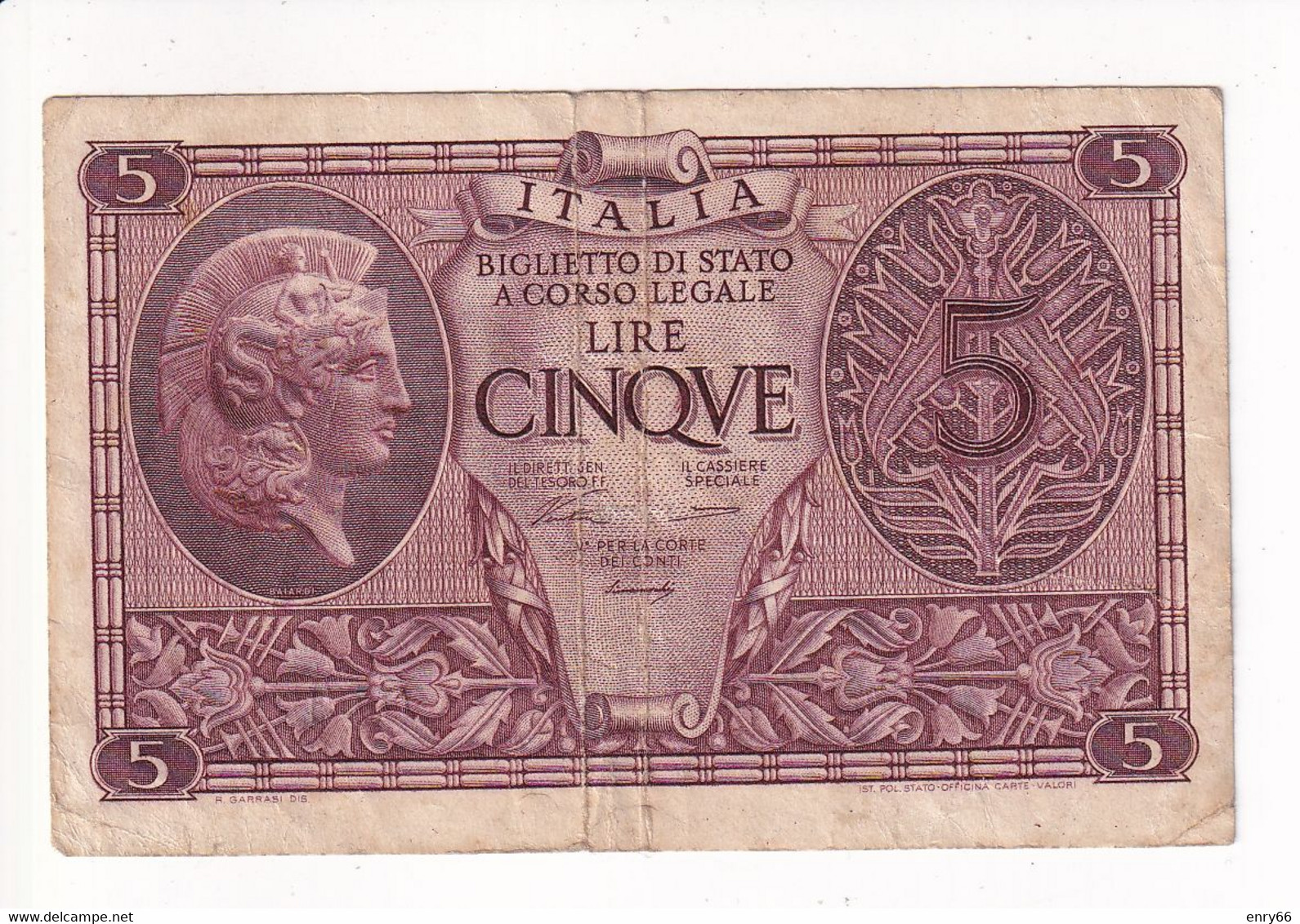 ITALIA 5 LIRE 1944 CAT. 14A - Italia – 5 Lire