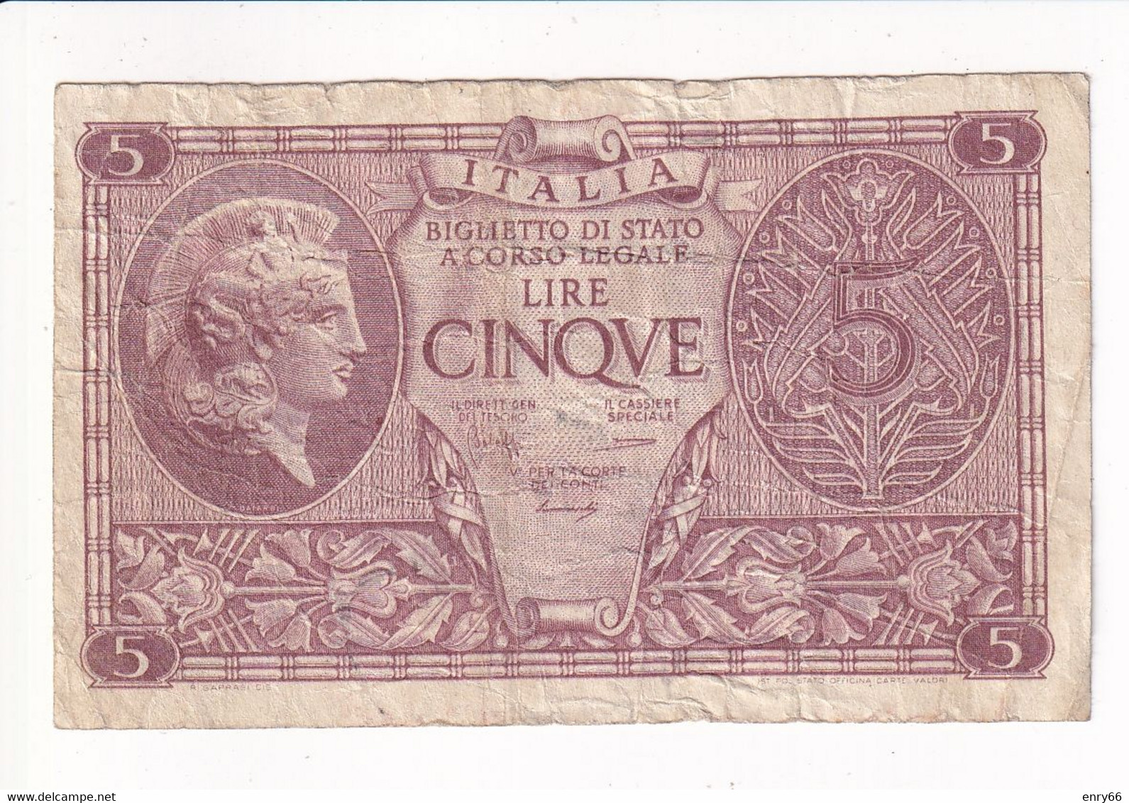 ITALIA 5 LIRE 1944 CAT. 14B - Italia – 5 Lire