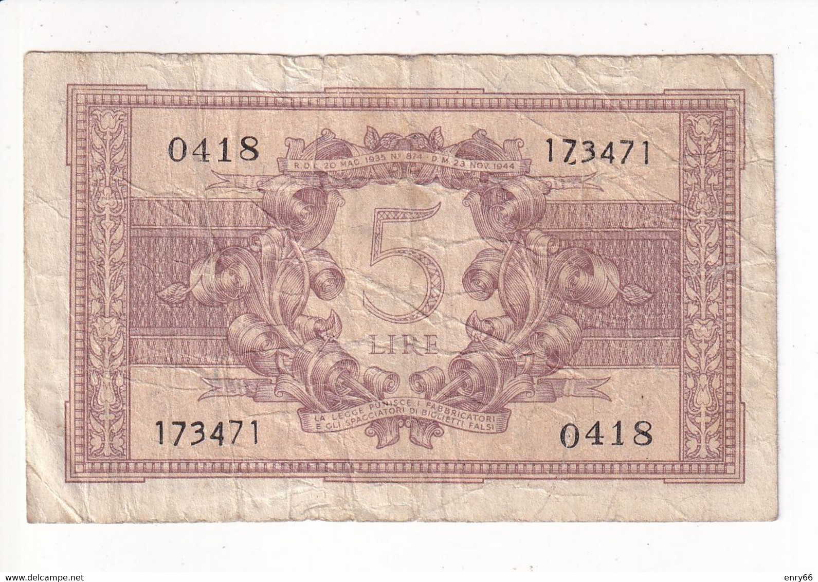 ITALIA 5 LIRE 1944 CAT. 14B - Italië– 5 Lire