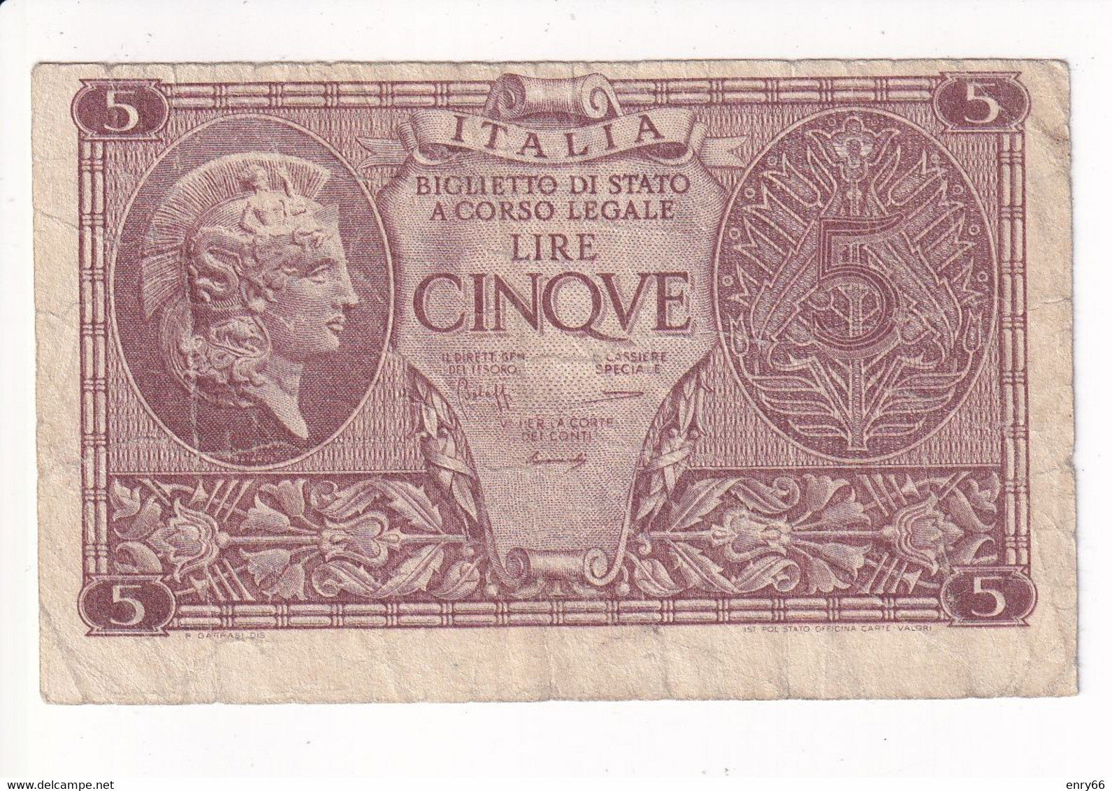 ITALIA 5 LIRE 1944 CAT. 14B - Italië– 5 Lire