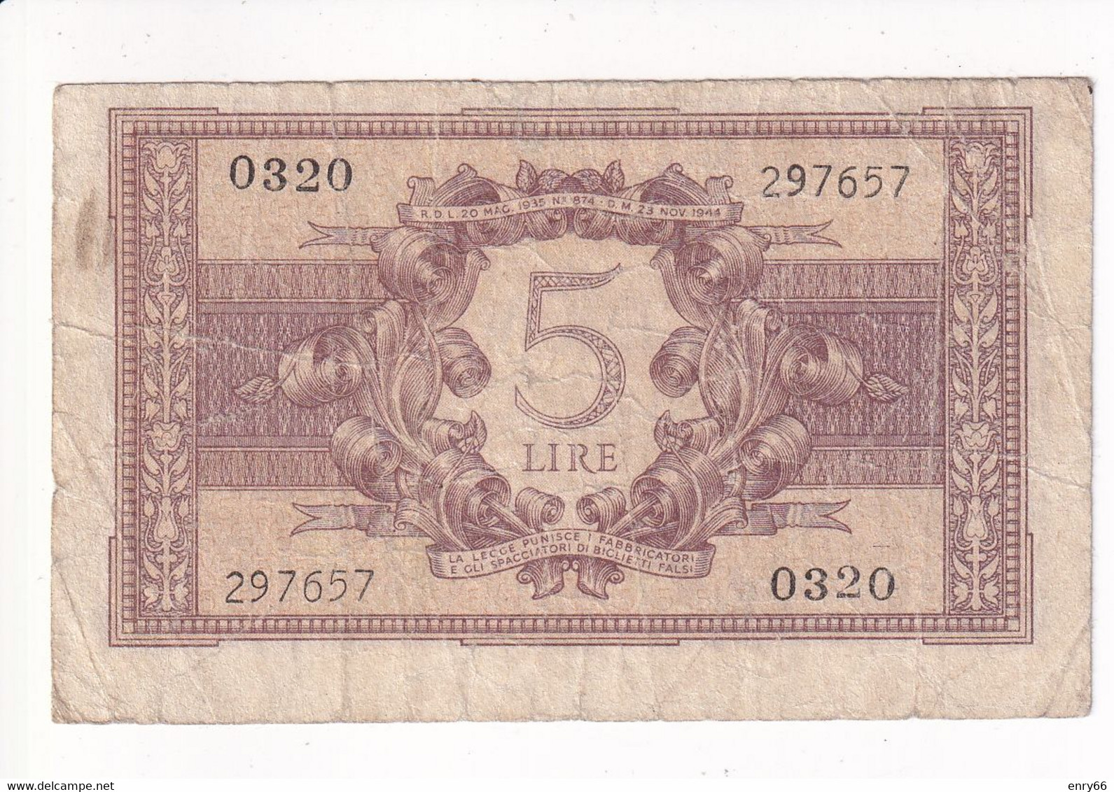 ITALIA 5 LIRE 1944 CAT. 14B - Italia – 5 Lire