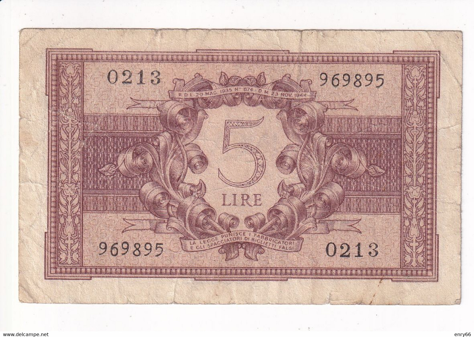 ITALIA 5 LIRE 1944 CAT. 14B - Italia – 5 Lire