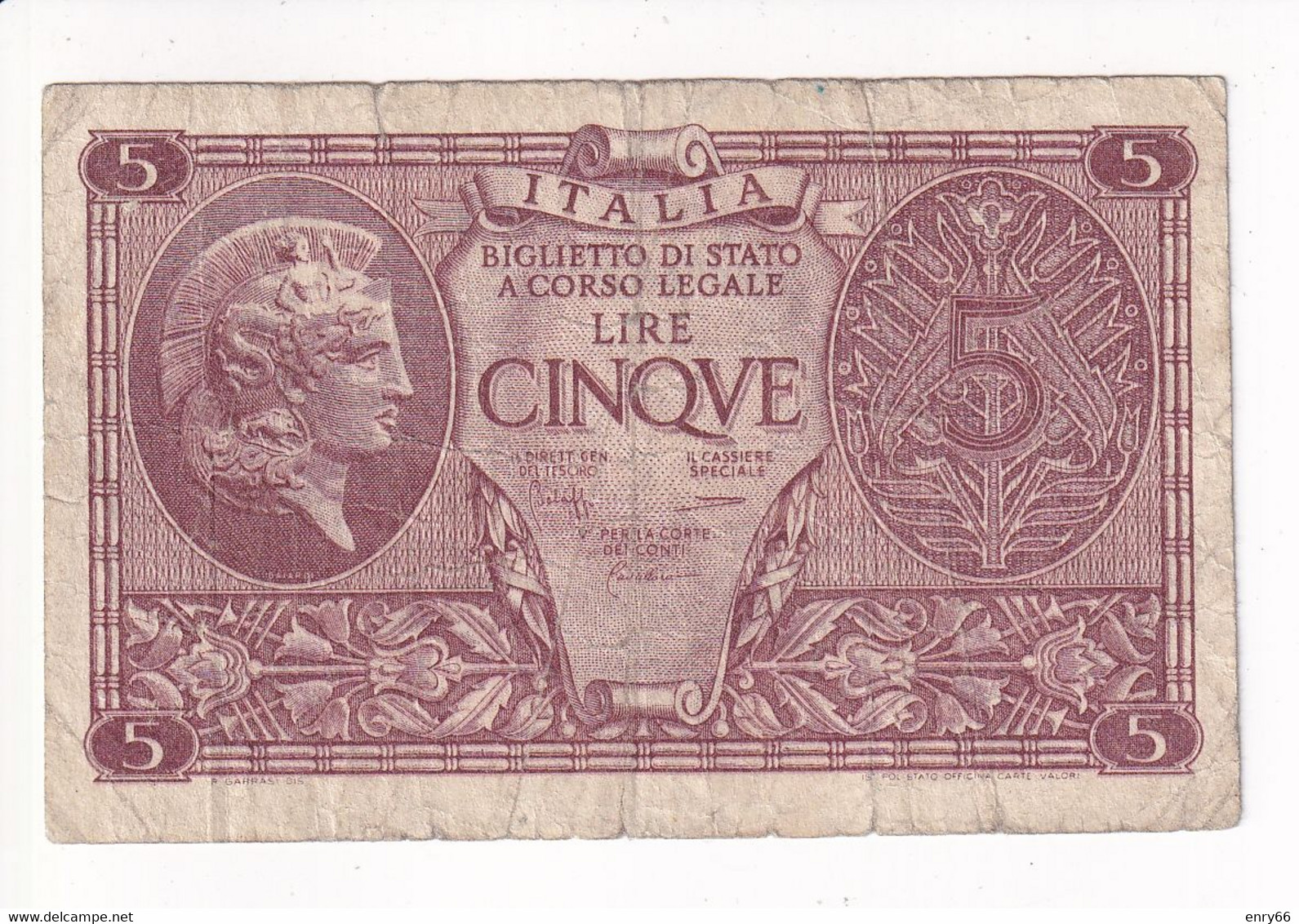 ITALIA 5 LIRE 1944 CAT. 14C - Italië– 5 Lire