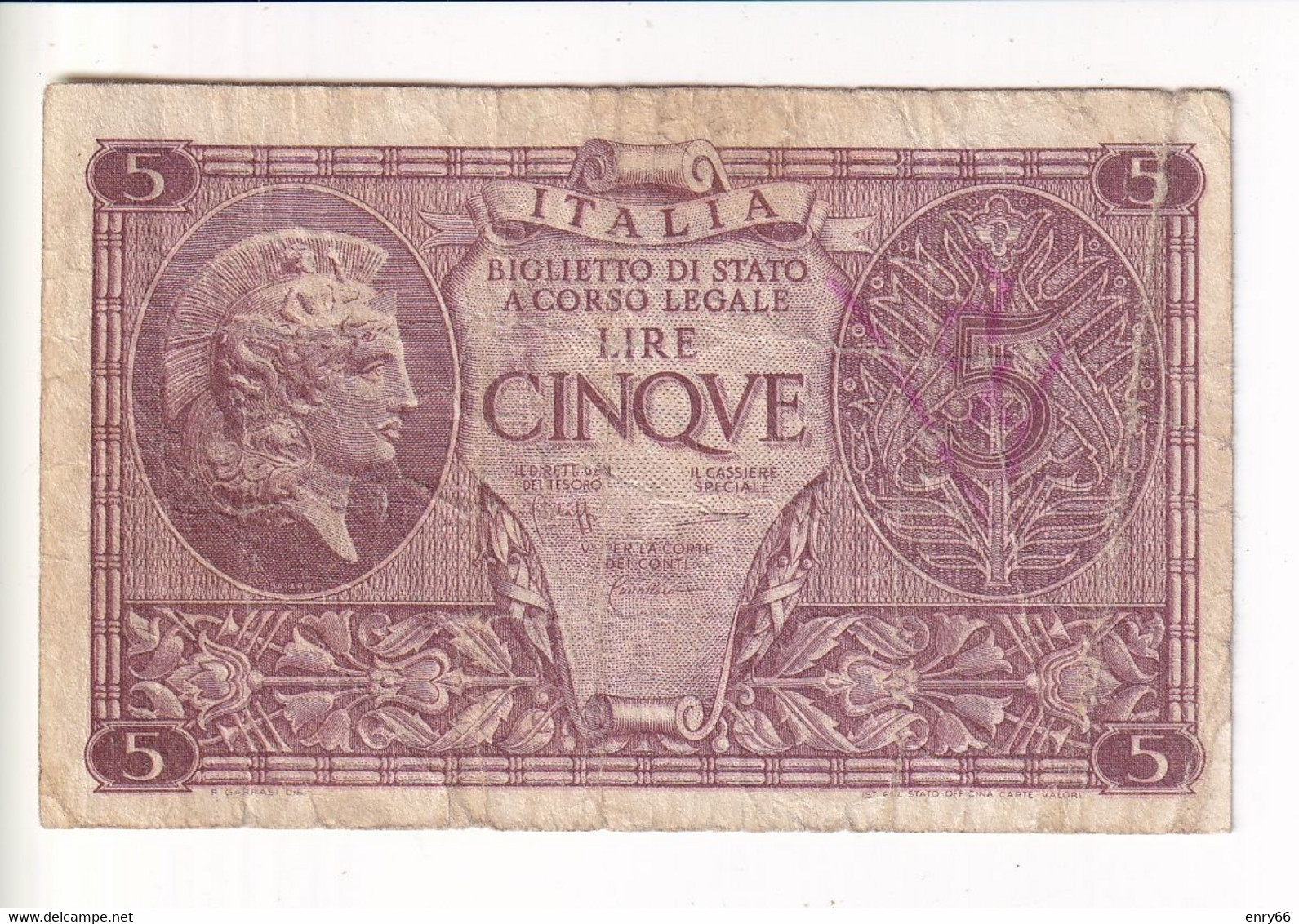 ITALIA 5 LIRE 1944 CAT. 14C - Italië– 5 Lire