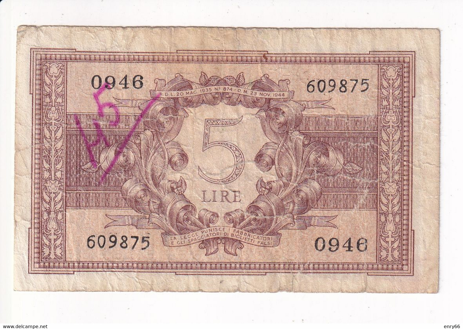 ITALIA 5 LIRE 1944 CAT. 14C - Italië– 5 Lire