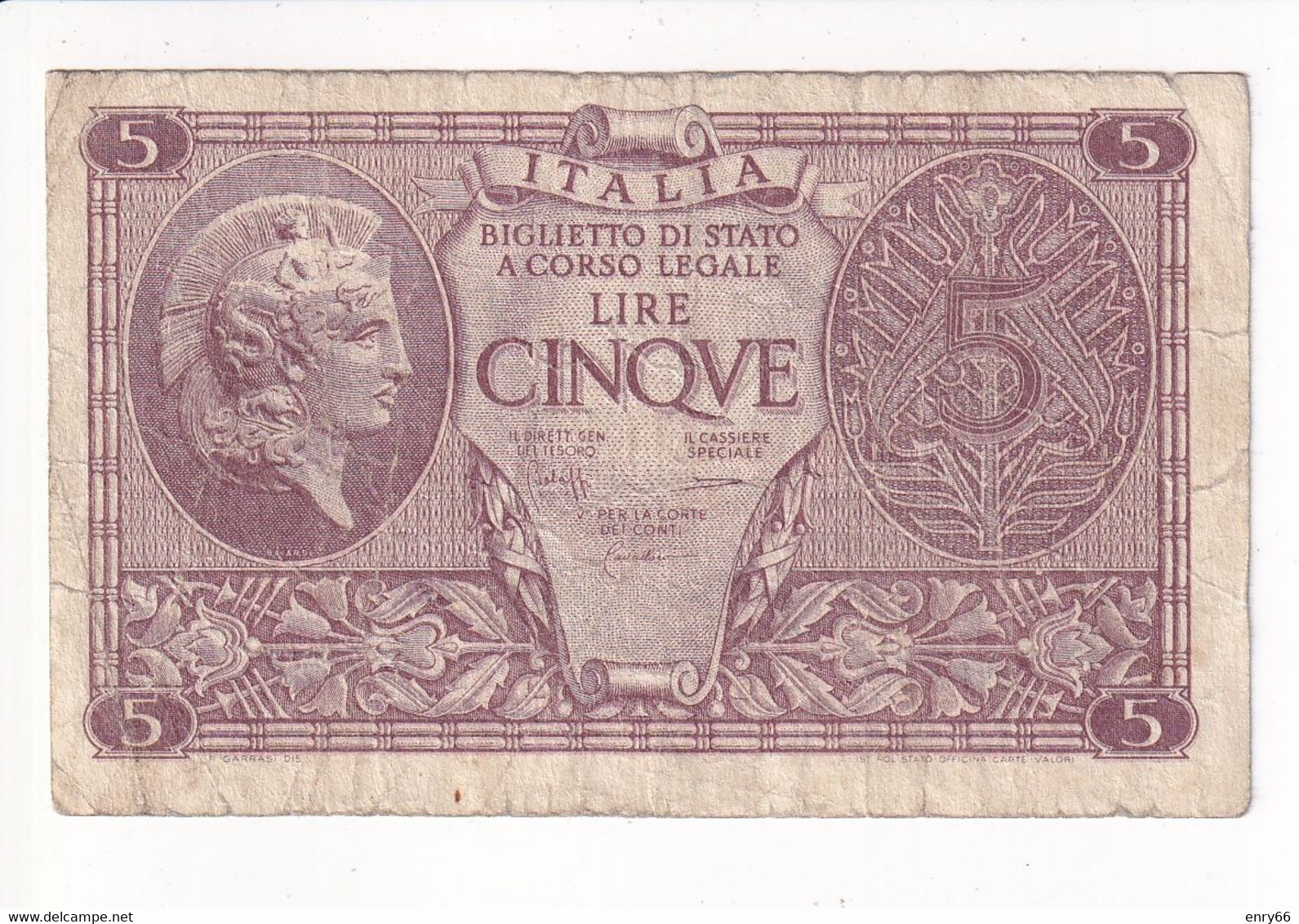 ITALIA 5 LIRE 1944 CAT. 14C - Italia – 5 Lire