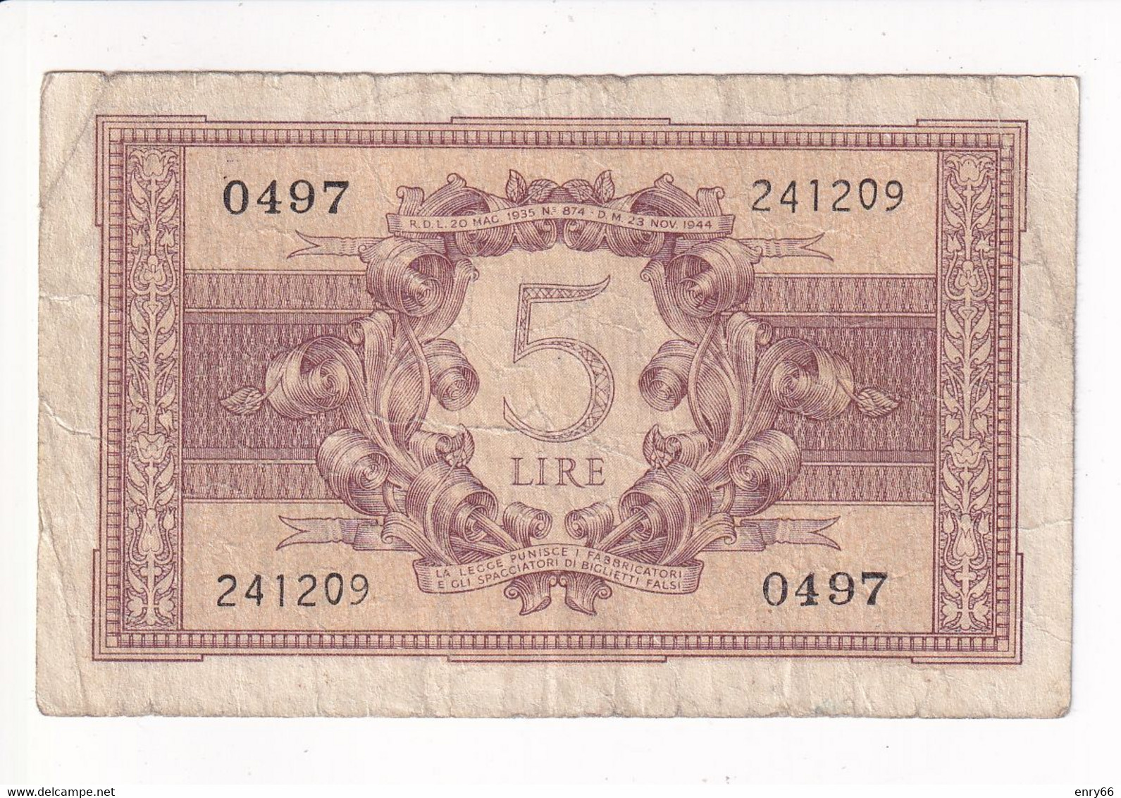 ITALIA 5 LIRE 1944 CAT. 14C - Italia – 5 Lire